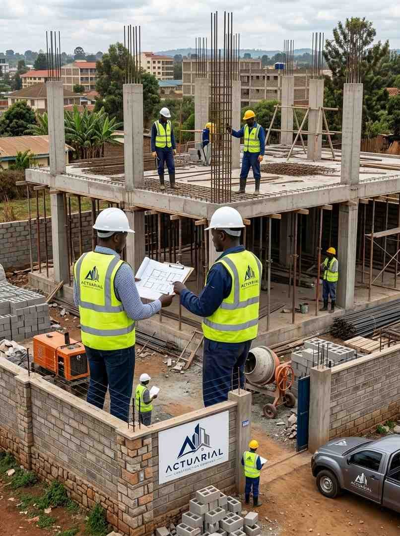 Engineers reviewing blueprints beside rebar columns at a modern house construction site in Kenya