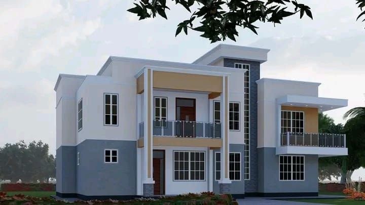 3D architectural render of a modern house with grey, white and mustard exterior and balconies