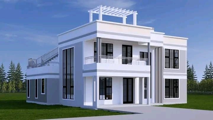 3D architectural render of a white house with a rooftop pergola supported by columns